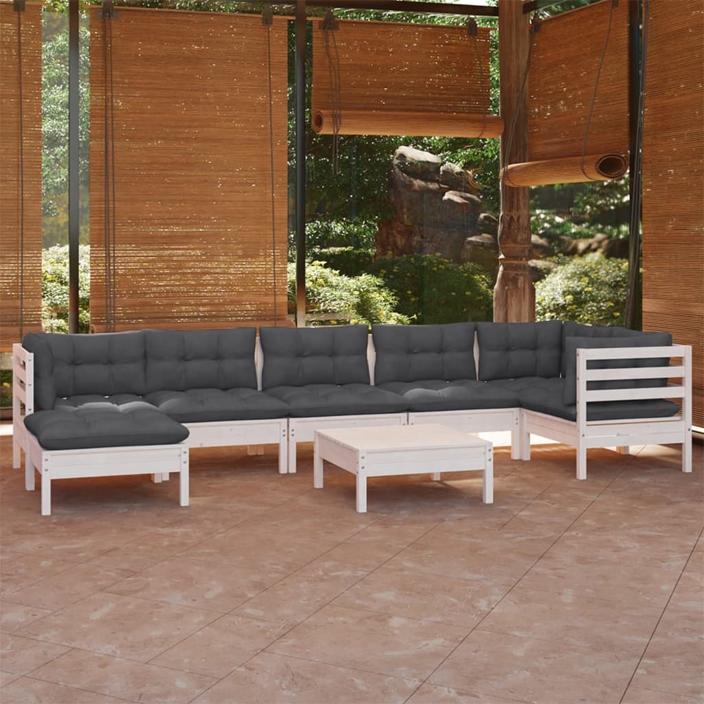Salon de jardin 8 pcs avec coussins blanc bois de pin massif