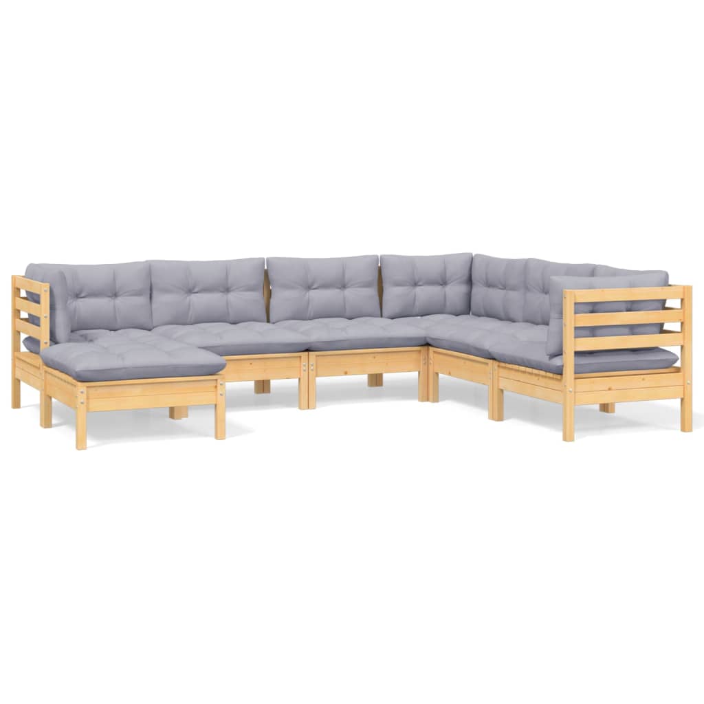 Salon de jardin 7 pcs avec coussins gris bois de pin massif