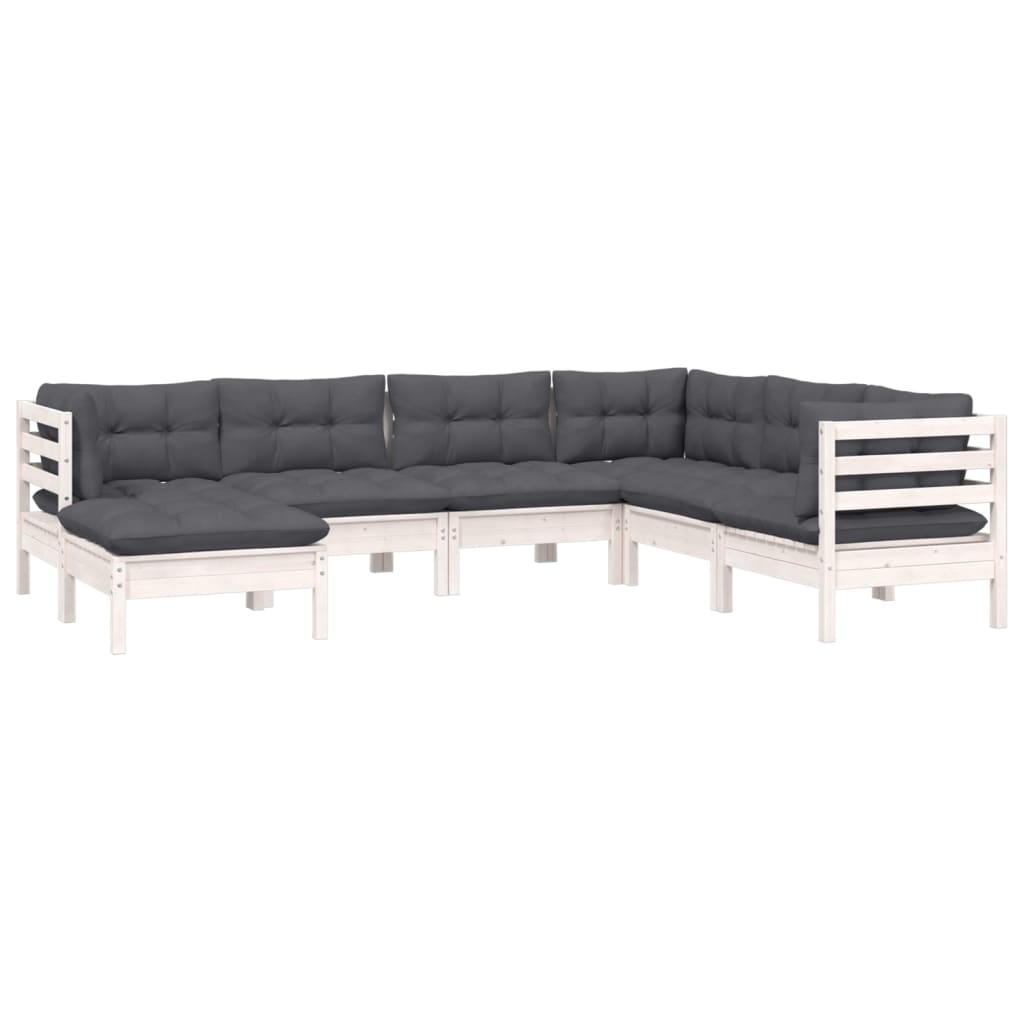 Salon de jardin 7 pcs avec coussins blanc bois de pin massif