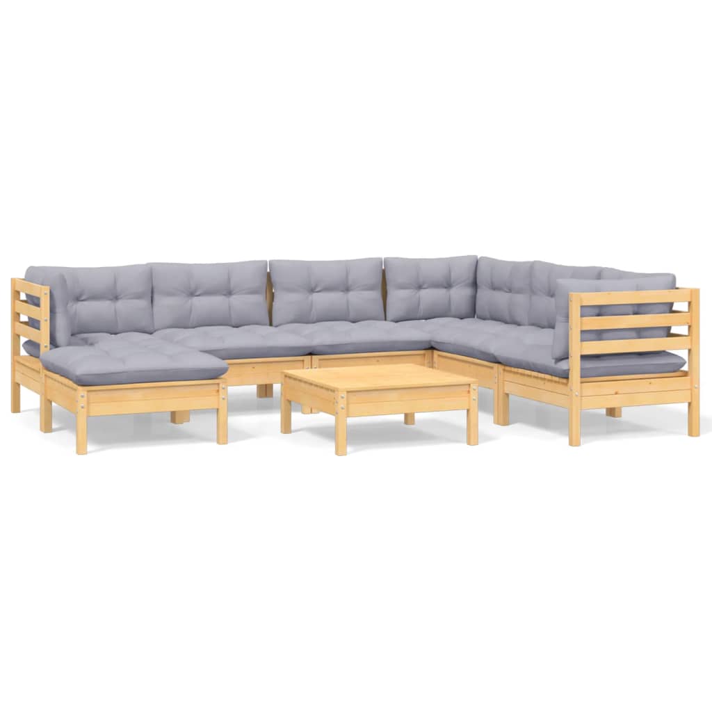 Salon de jardin 8 pcs avec coussins gris Bois de pin massif