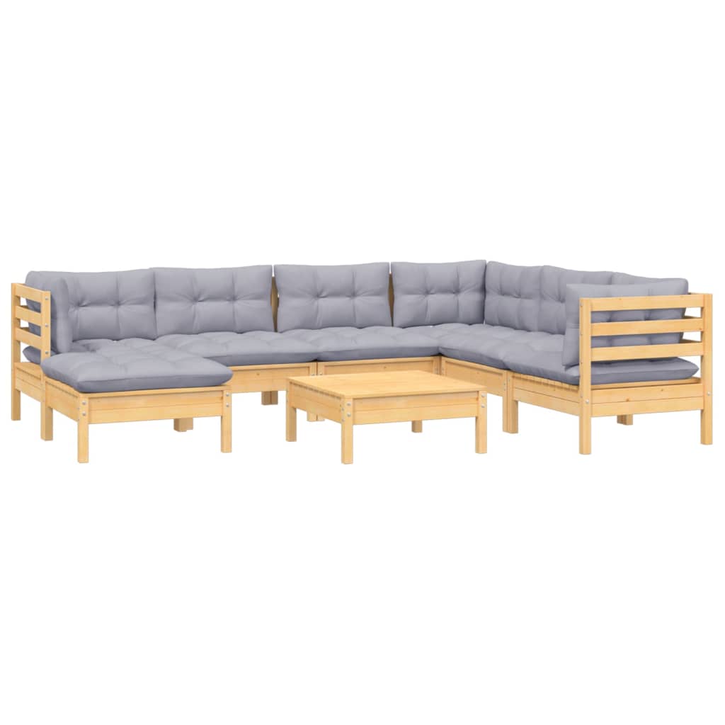 Salon de jardin 8 pcs avec coussins gris Bois de pin massif