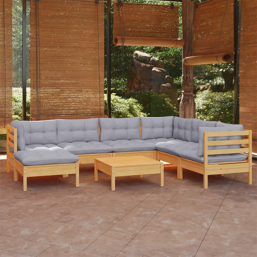 Salon de jardin 8 pcs avec coussins gris Bois de pin massif