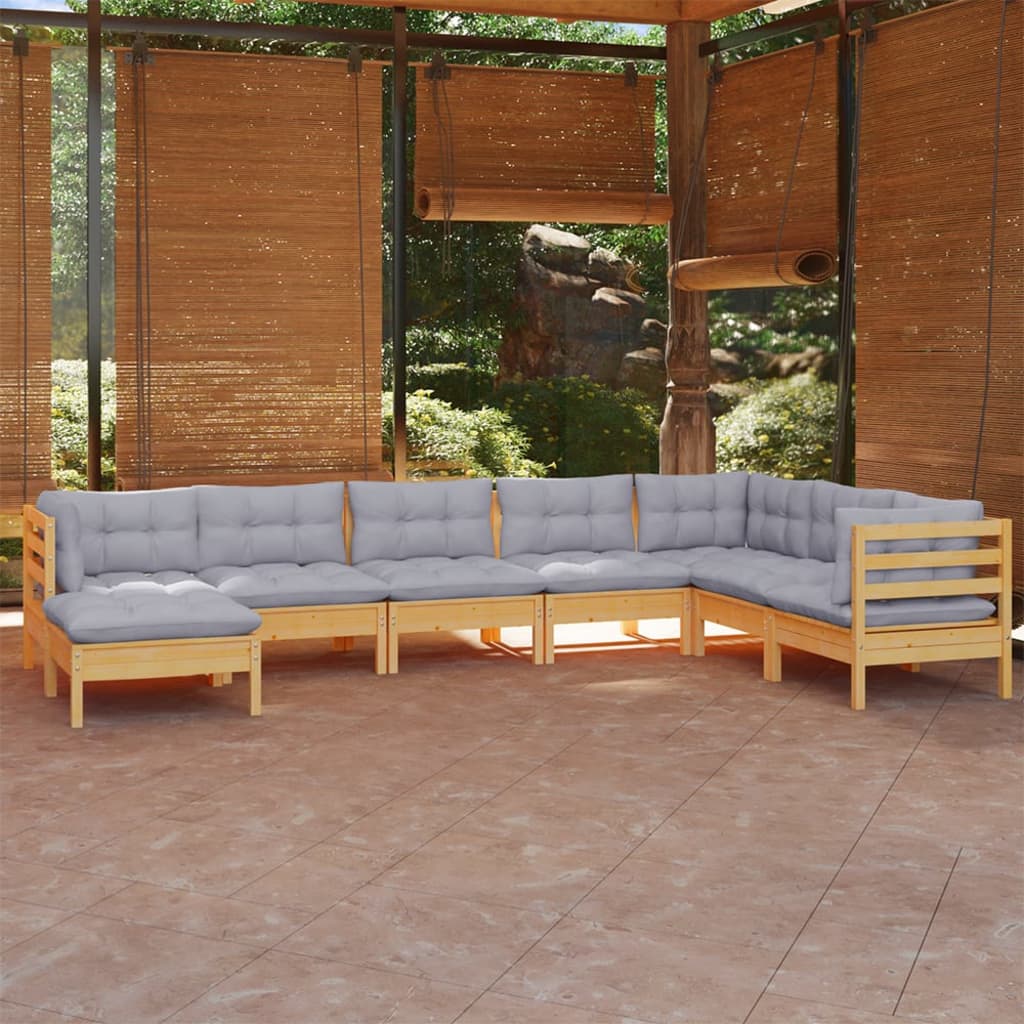 Salon de jardin 8 pcs avec coussins gris Bois de pin massif