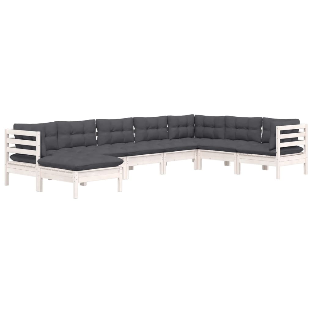 Salon de jardin 8 pcs avec coussins blanc bois de pin massif