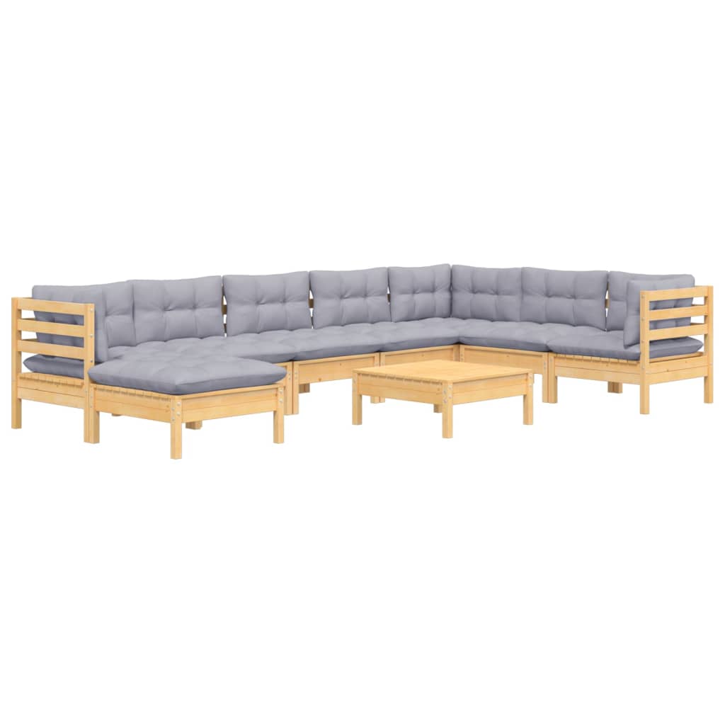 Salon de jardin 9 pcs avec coussins gris bois de pin massif