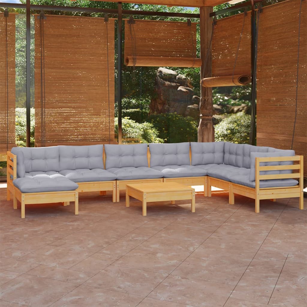 Salon de jardin 9 pcs avec coussins gris bois de pin massif