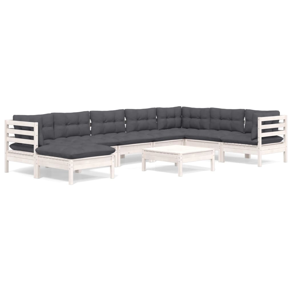 Salon de jardin 9 pcs avec coussins blanc bois de pin massif