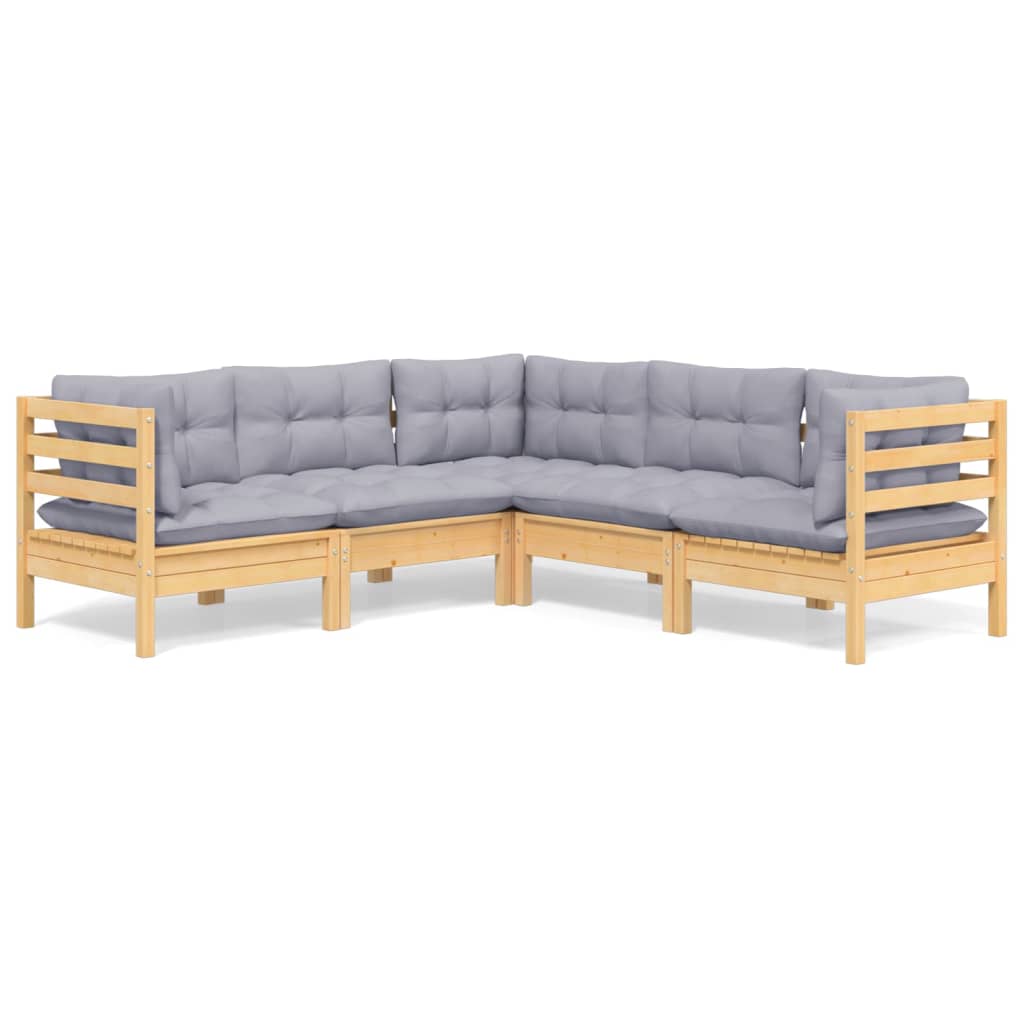 Salon de jardin 5 pcs avec coussins gris bois de pin massif
