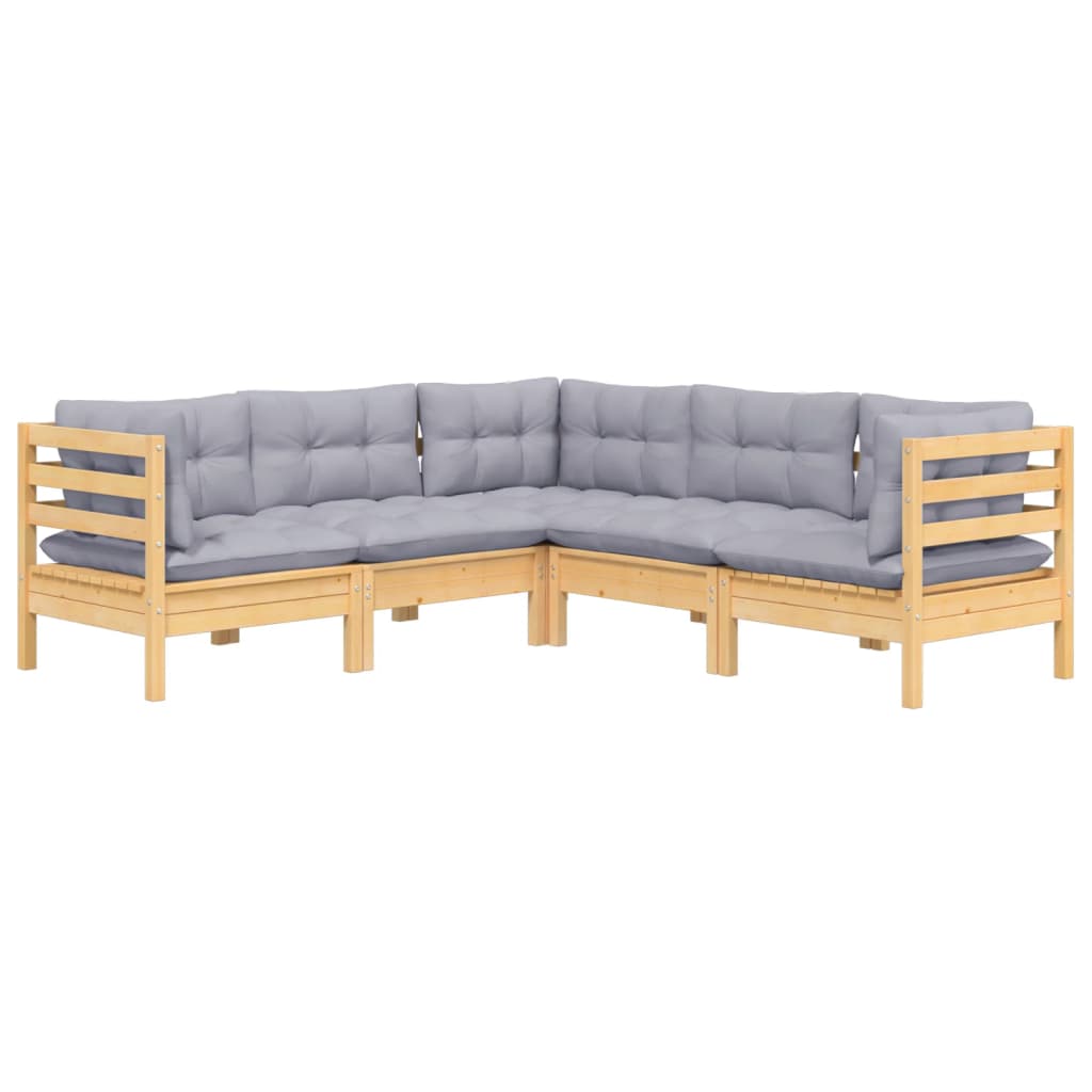Salon de jardin 5 pcs avec coussins gris bois de pin massif