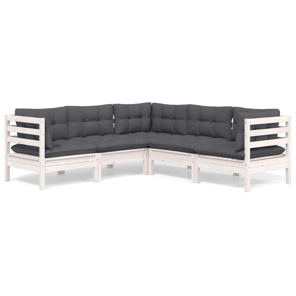 Salon de jardin 5 pcs avec coussins blanc bois de pin solide