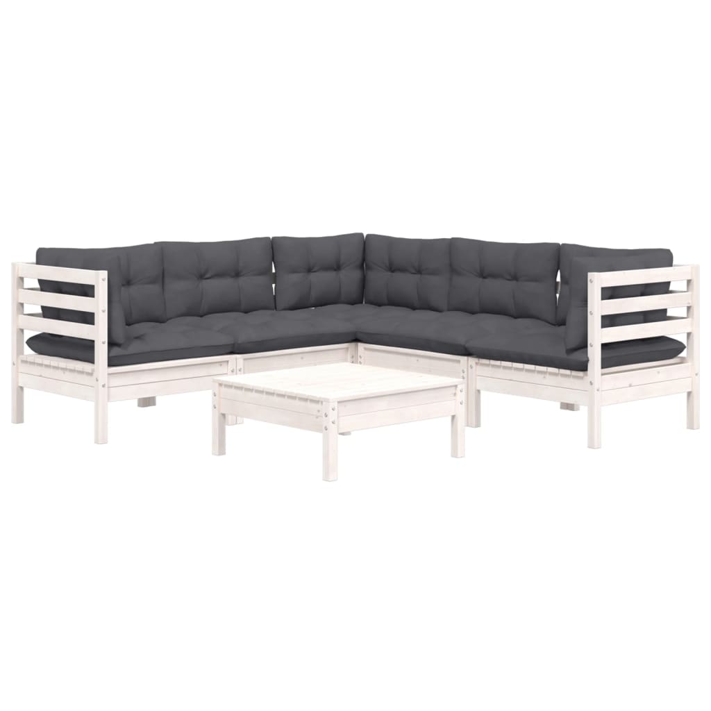 Salon de jardin 6 pcs avec coussins blanc bois de pin massif