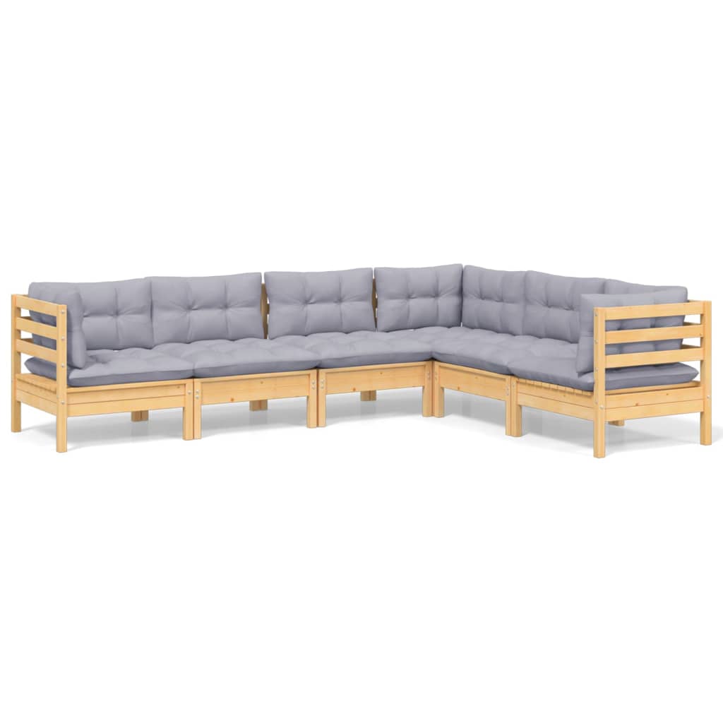 Salon de jardin 6 pcs avec coussins gris Bois de pin massif