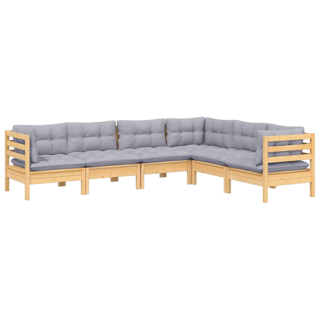 Salon de jardin 6 pcs avec coussins gris Bois de pin massif