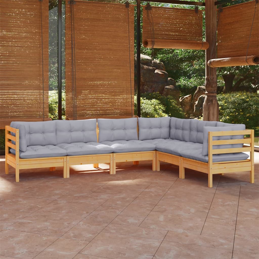 Salon de jardin 6 pcs avec coussins gris Bois de pin massif