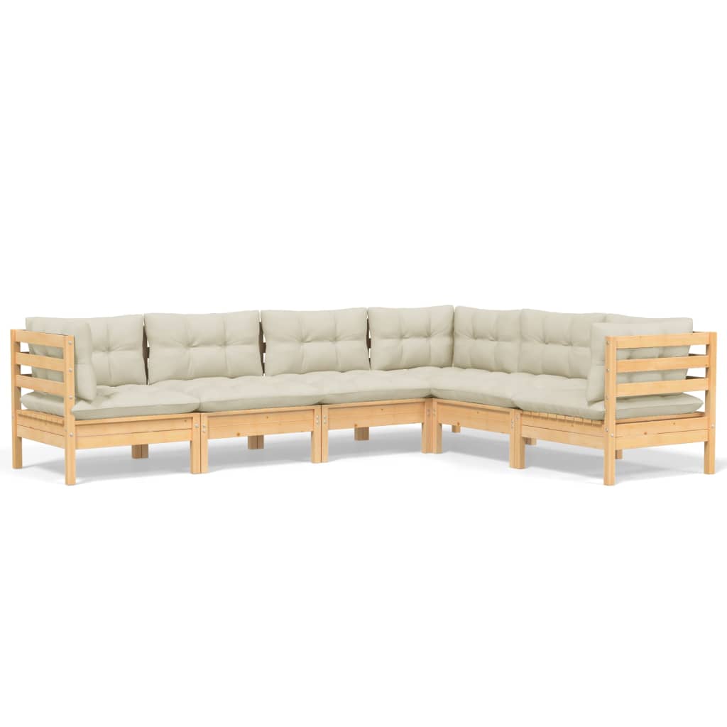 Salon de jardin 6 pcs avec coussins crème Bois de pin massif