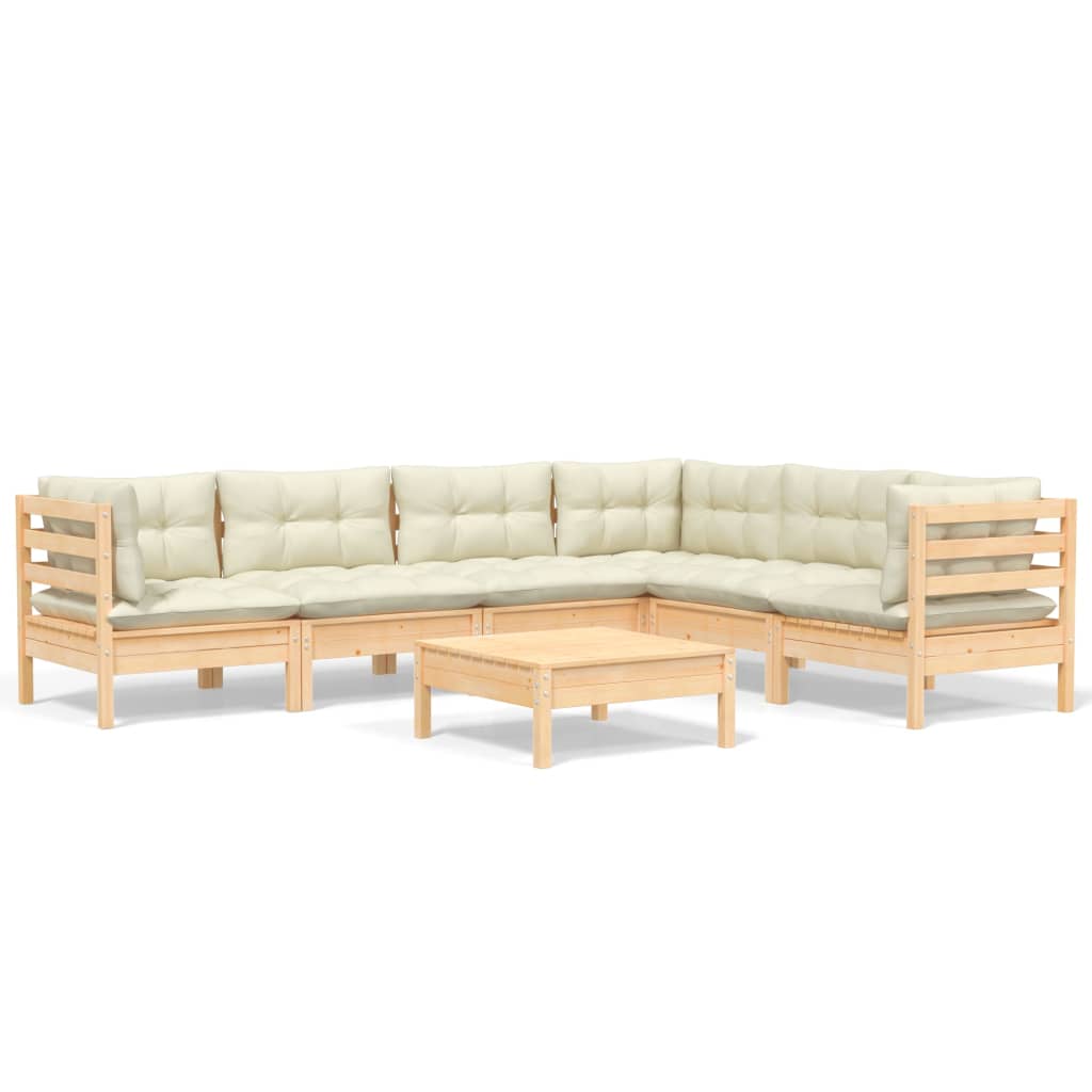 Salon de jardin 7 pcs avec coussins crème bois de pin massif