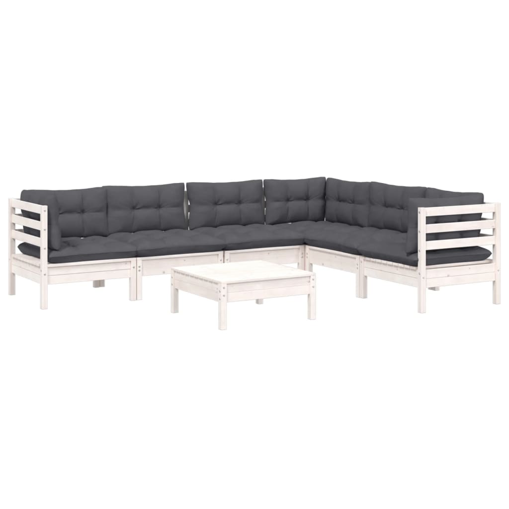 Salon de jardin 7 pcs avec coussins blanc bois de pin massif