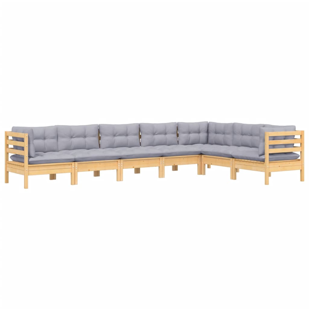 Salon de jardin 7 pcs avec coussins gris bois de pin massif