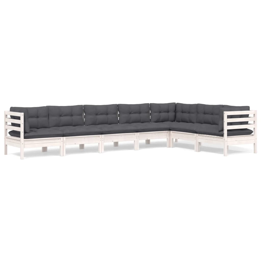 Salon de jardin 7 pcs avec coussins blanc bois de pin massif