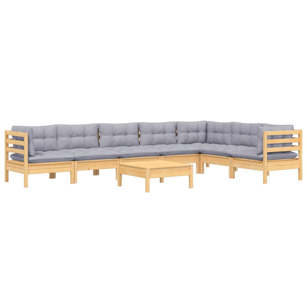 Salon de jardin 8 pcs avec coussins gris Bois de pin massif