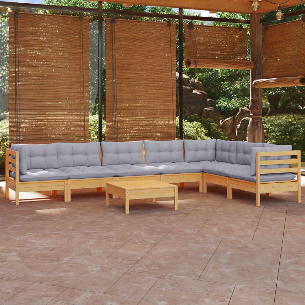 Salon de jardin 8 pcs avec coussins gris Bois de pin massif