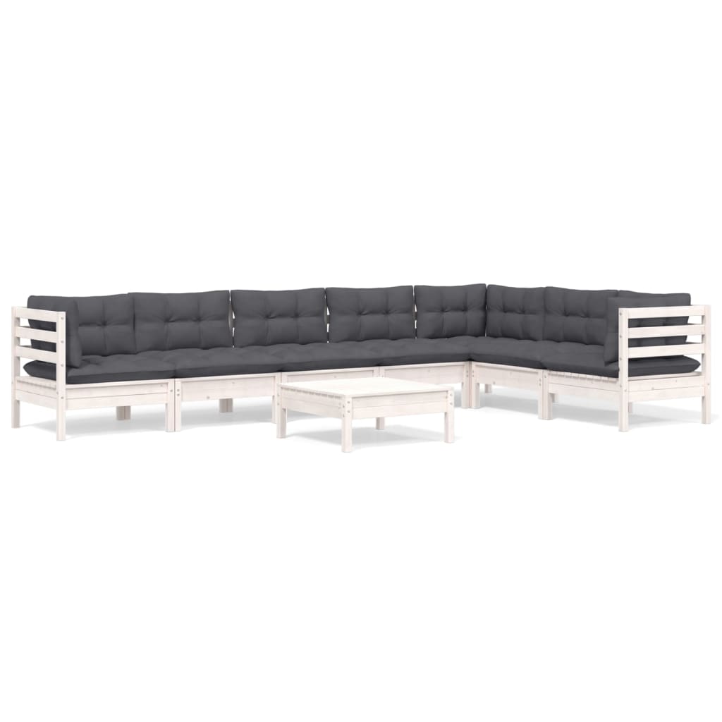 Salon de jardin 8 pcs avec coussins blanc bois de pin massif