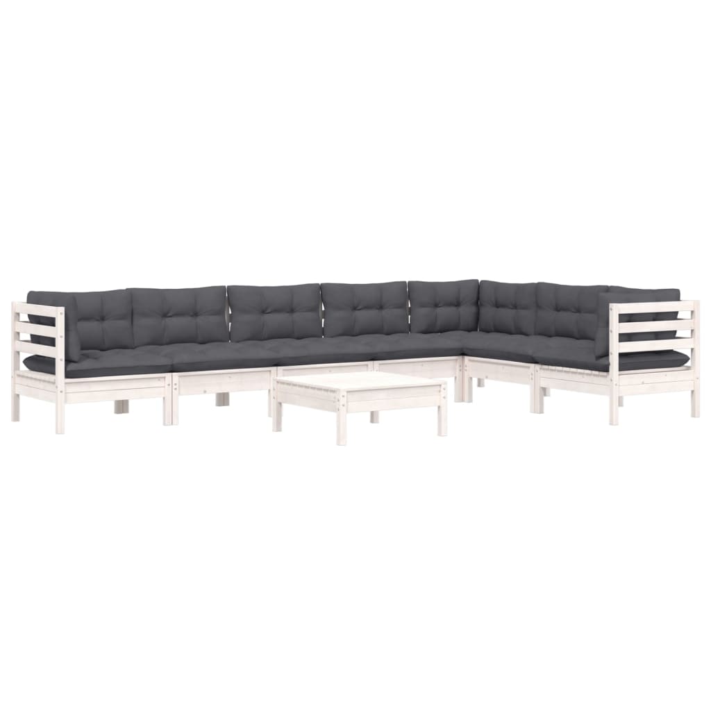 Salon de jardin 8 pcs avec coussins blanc bois de pin massif