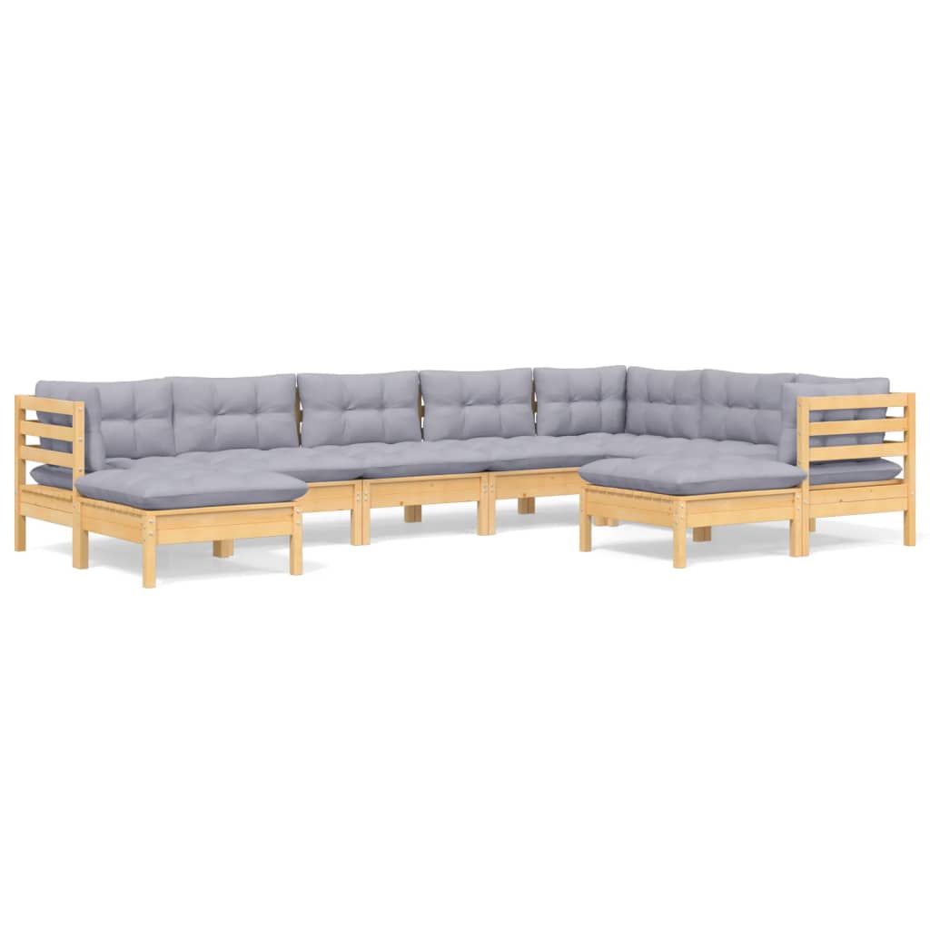 Salon de jardin 9 pcs avec coussins gris bois de pin massif