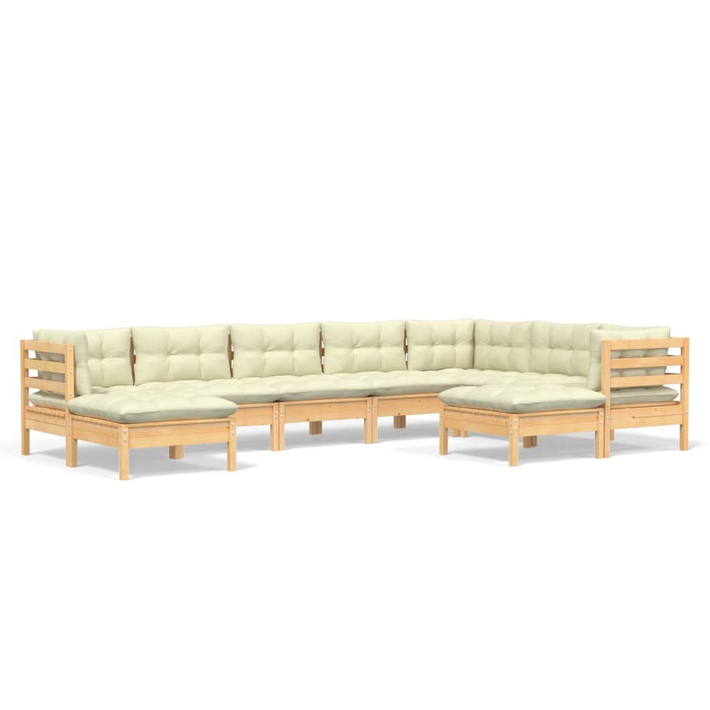 Salon de jardin 9 pcs avec coussins crème bois de pin massif