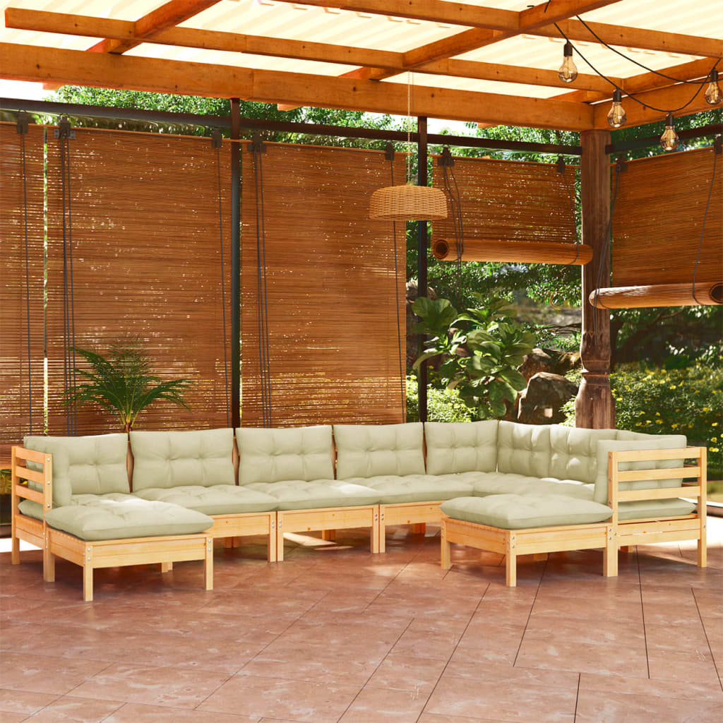 Salon de jardin 9 pcs avec coussins crème bois de pin massif