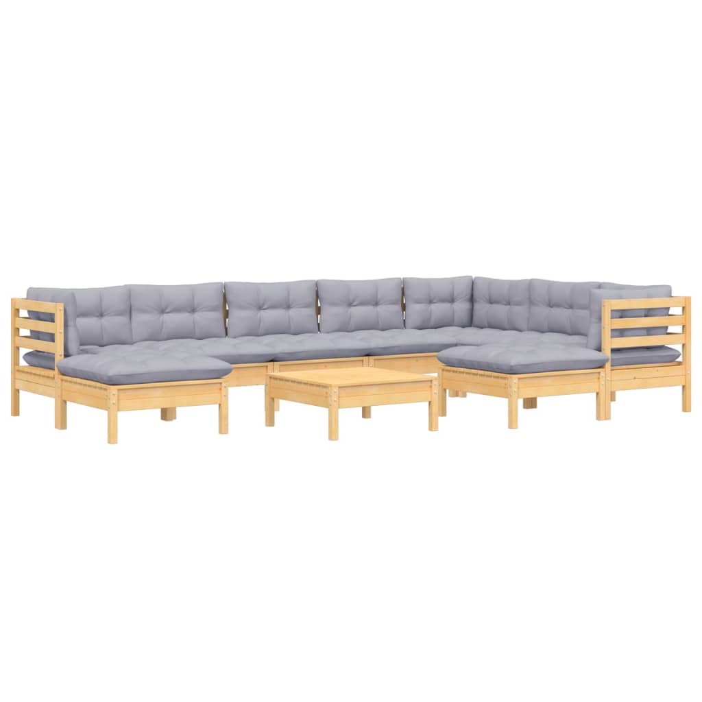 Salon de jardin 10 pcs avec coussins gris bois de pin massif