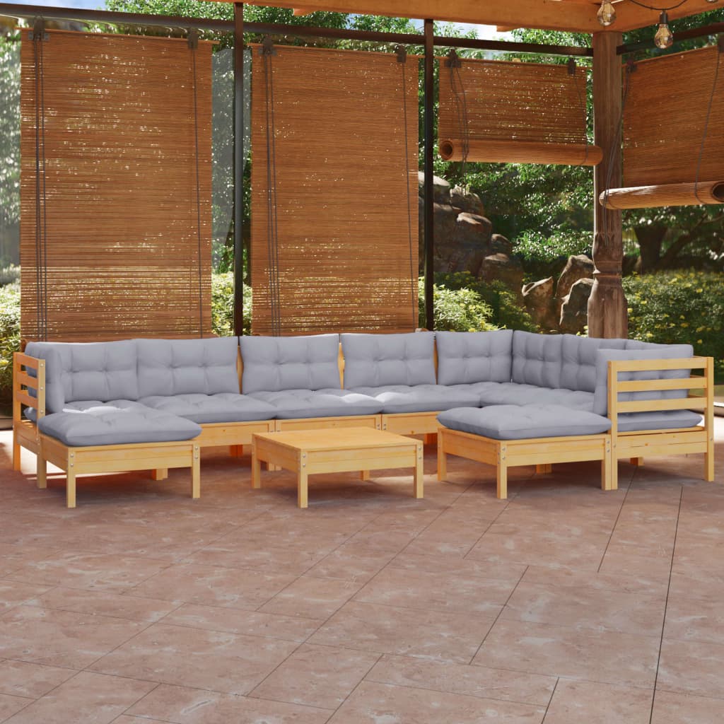 Salon de jardin 10 pcs avec coussins gris bois de pin massif