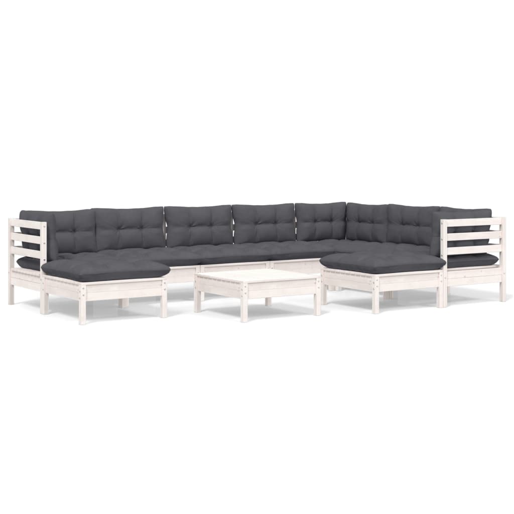 Salon de jardin 10 pcs avec coussins blanc bois de pin massif