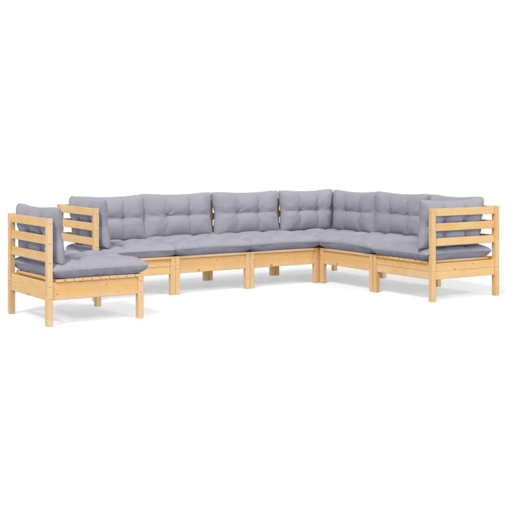 Salon de jardin 7 pcs avec coussins gris bois de pin massif