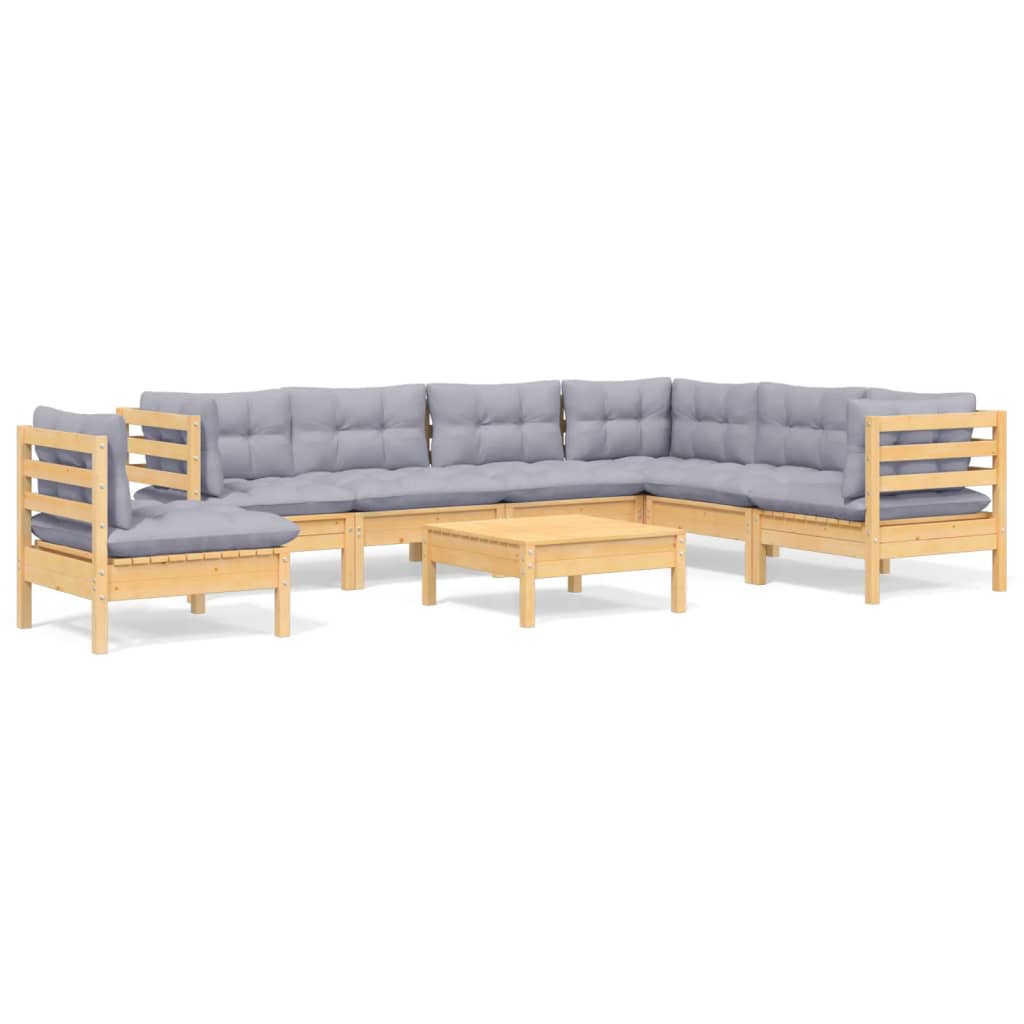 Salon de jardin 8 pcs avec coussins gris Bois de pin massif