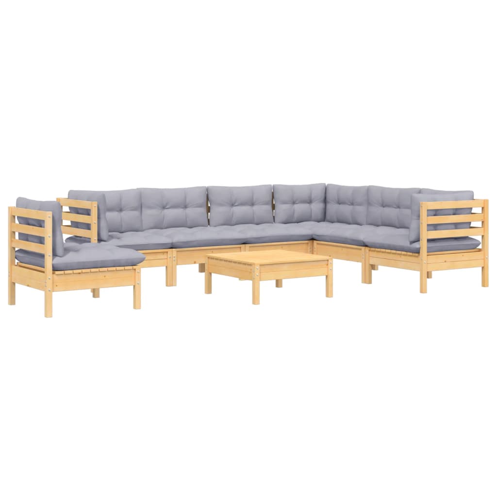 Salon de jardin 8 pcs avec coussins gris Bois de pin massif