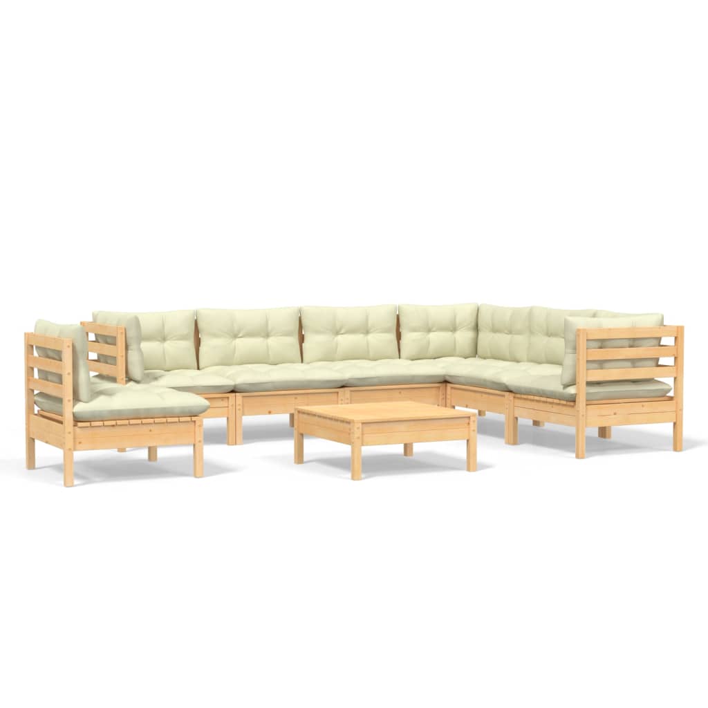Salon de jardin 8 pcs avec coussins crème Bois de pin massif