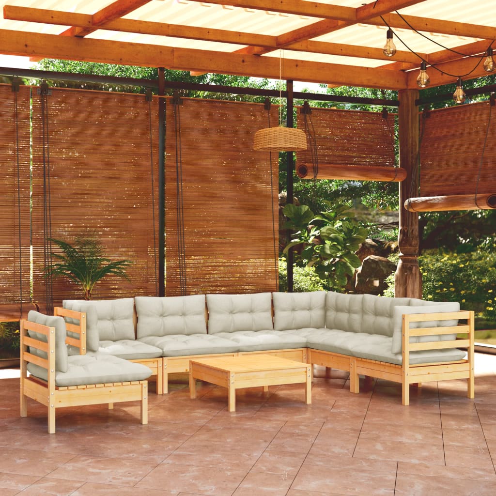 Salon de jardin 8 pcs avec coussins crème Bois de pin massif