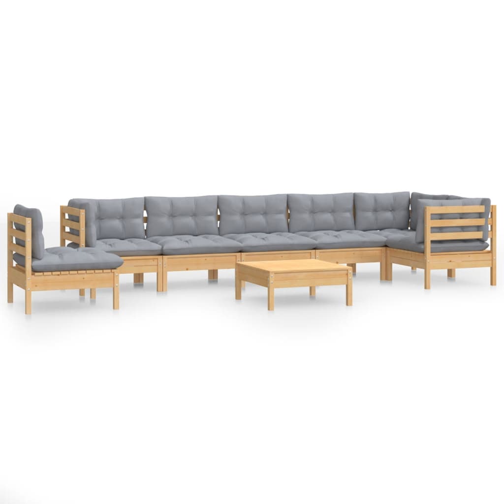 Salon de jardin 9 pcs avec coussins gris bois de pin massif