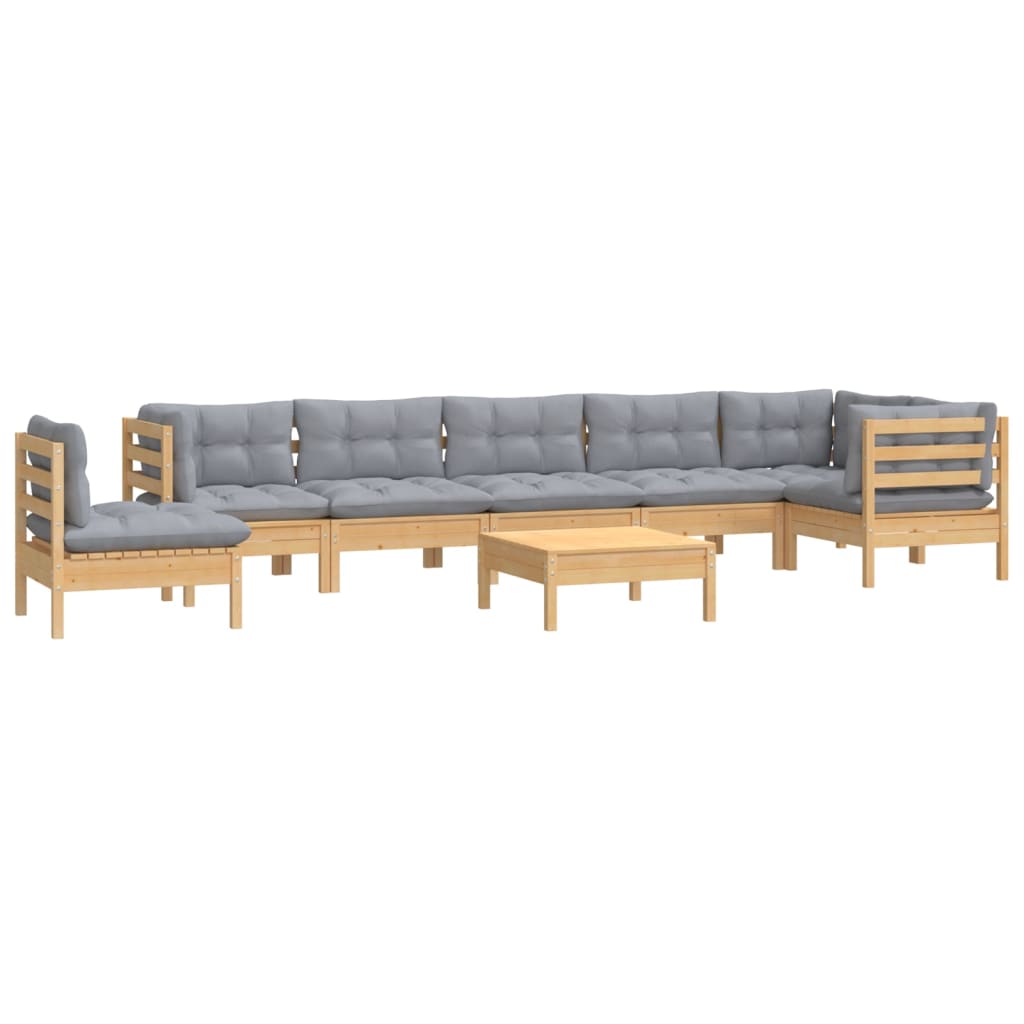 Salon de jardin 9 pcs avec coussins gris bois de pin massif