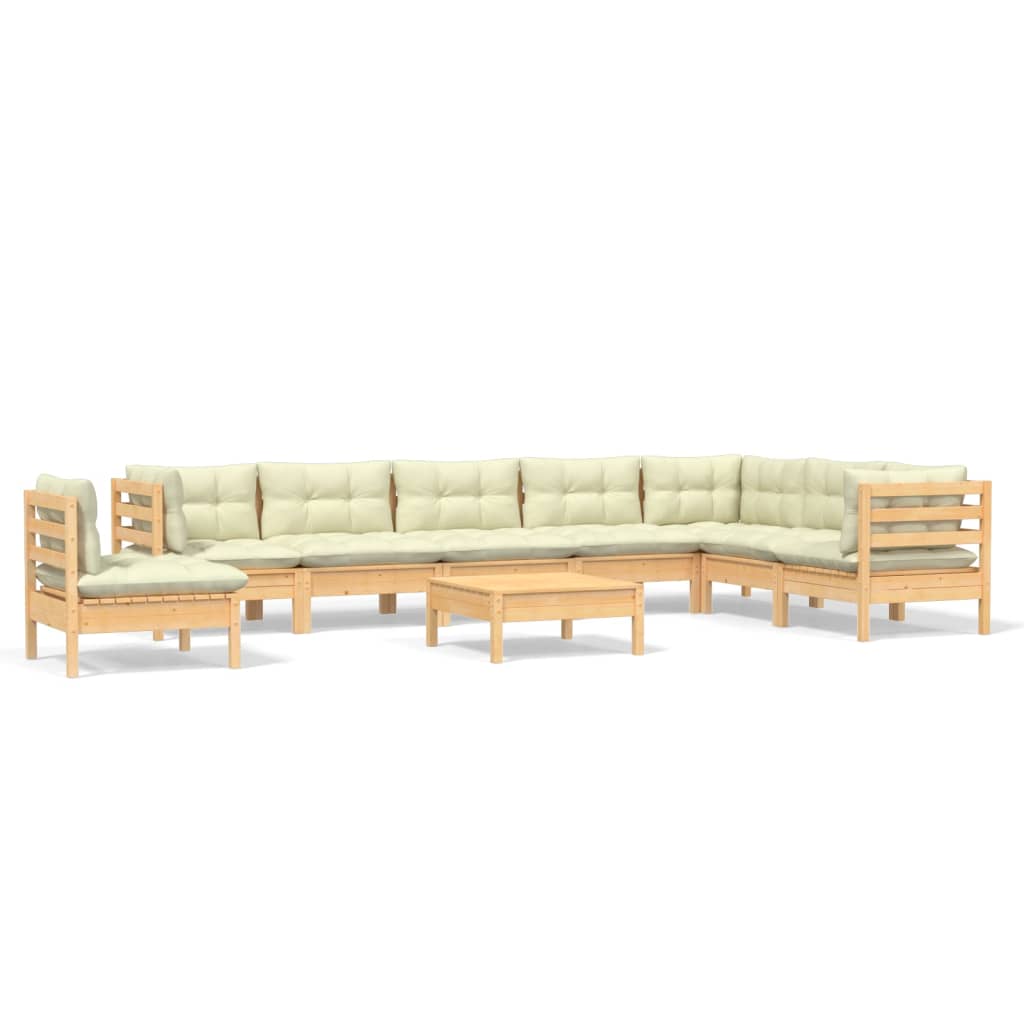 Salon de jardin 9 pcs avec coussins crème bois de pin massif