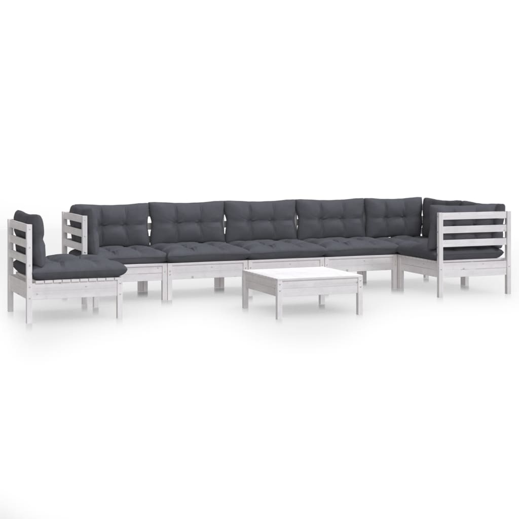 Salon de jardin 9 pcs avec coussins blanc bois de pin massif