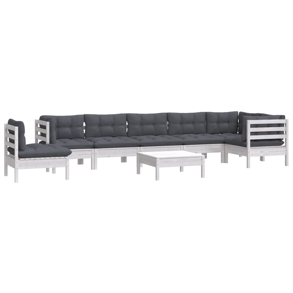 Salon de jardin 9 pcs avec coussins blanc bois de pin massif