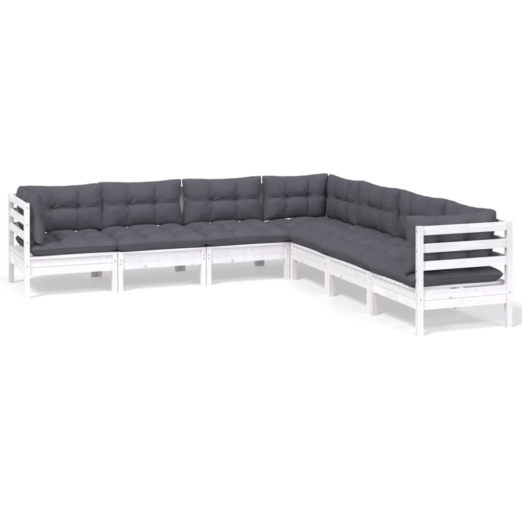 Salon de jardin 7 pcs avec coussins blanc bois de pin massif