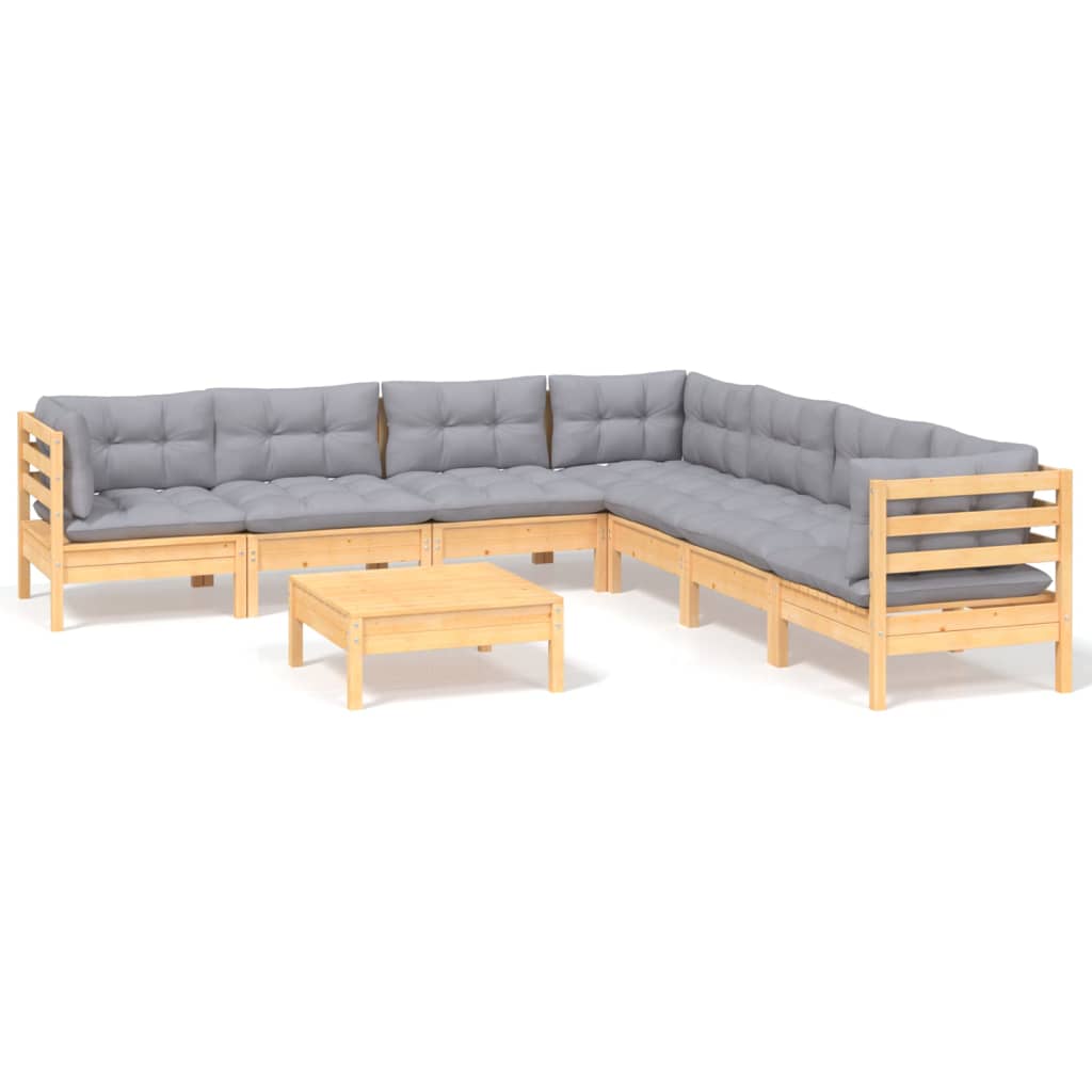 Salon de jardin 8 pcs avec coussins gris Bois de pin massif