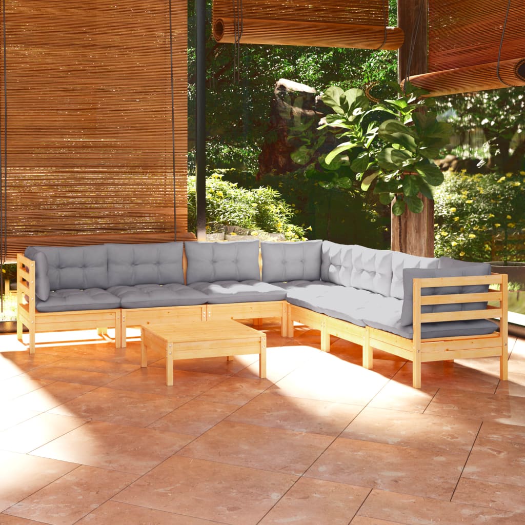 Salon de jardin 8 pcs avec coussins gris Bois de pin massif