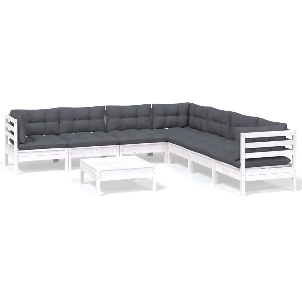 Salon de jardin 8 pcs avec coussins blanc bois de pin massif