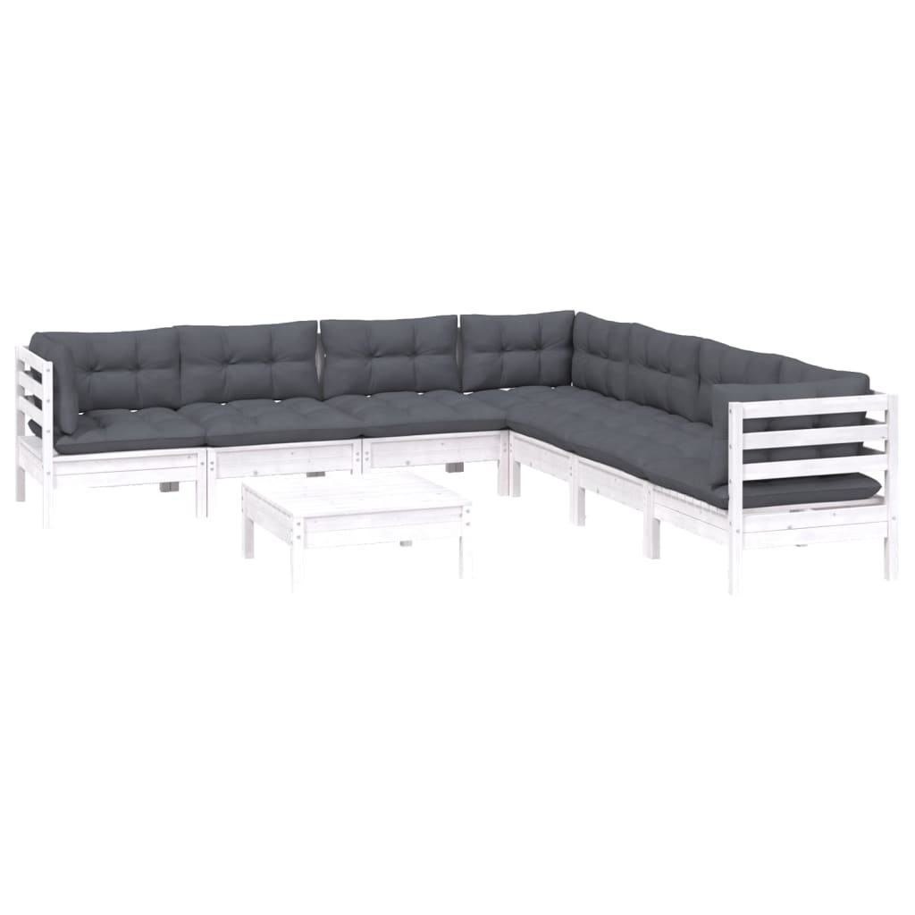 Salon de jardin 8 pcs avec coussins blanc bois de pin massif