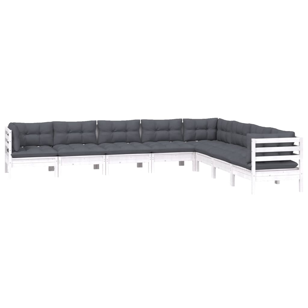 Salon de jardin 8 pcs avec coussins blanc bois de pin massif