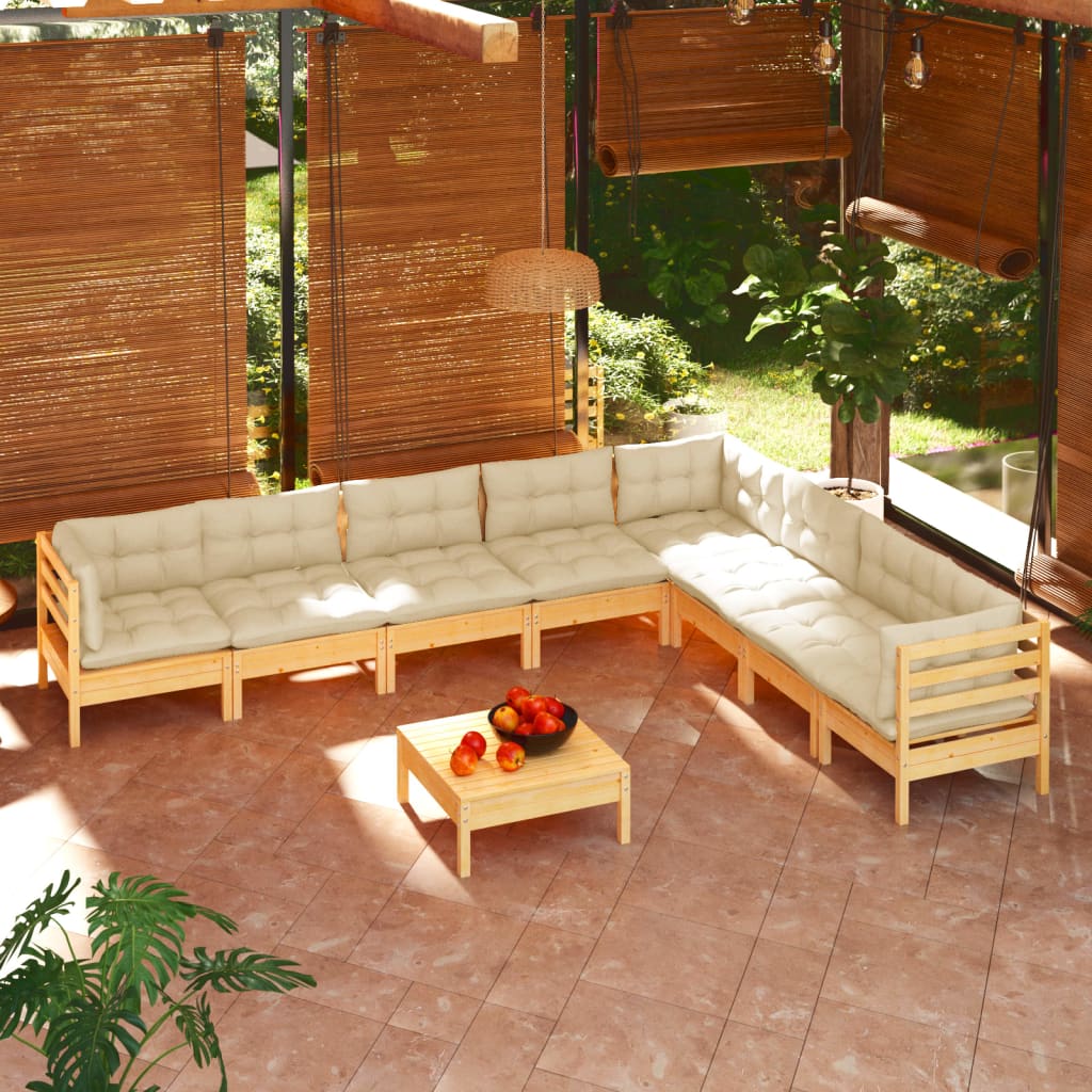 Salon de jardin 9 pcs avec coussins crème bois de pin massif